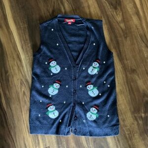 Blue Button Up Knit Vest With Snowmen By Holiday Traditions | Women’s Size L